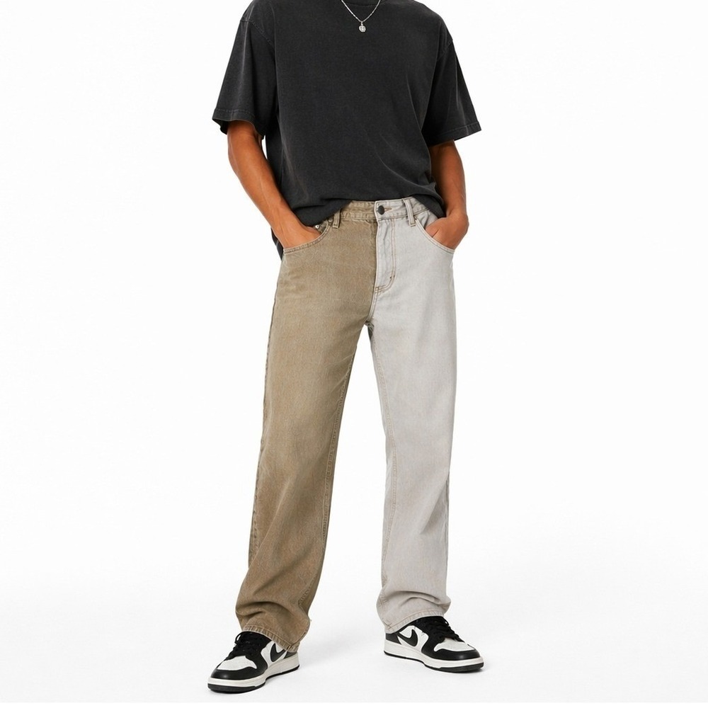 Mens Colorblock Corduroy Pants Khaki Straight Leg Retro Streetwear Size 34x30